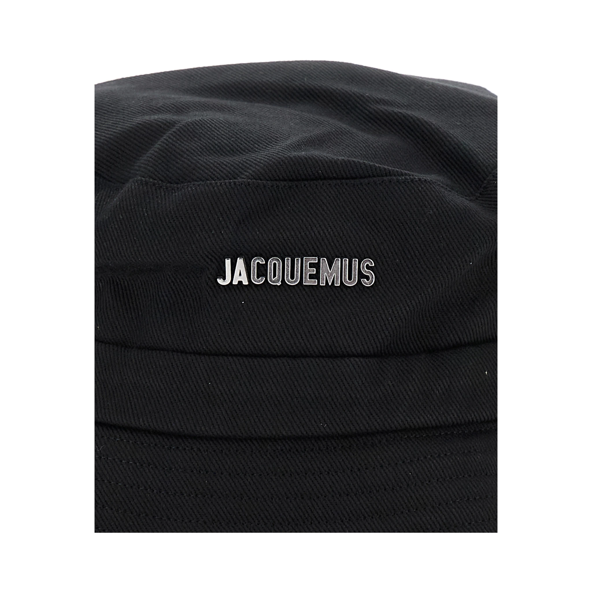 Le Bob Gadjo Black Bucket Hat with Logo Lettering on the Front and Self-Tie Closure on the Rear in Cotton Man