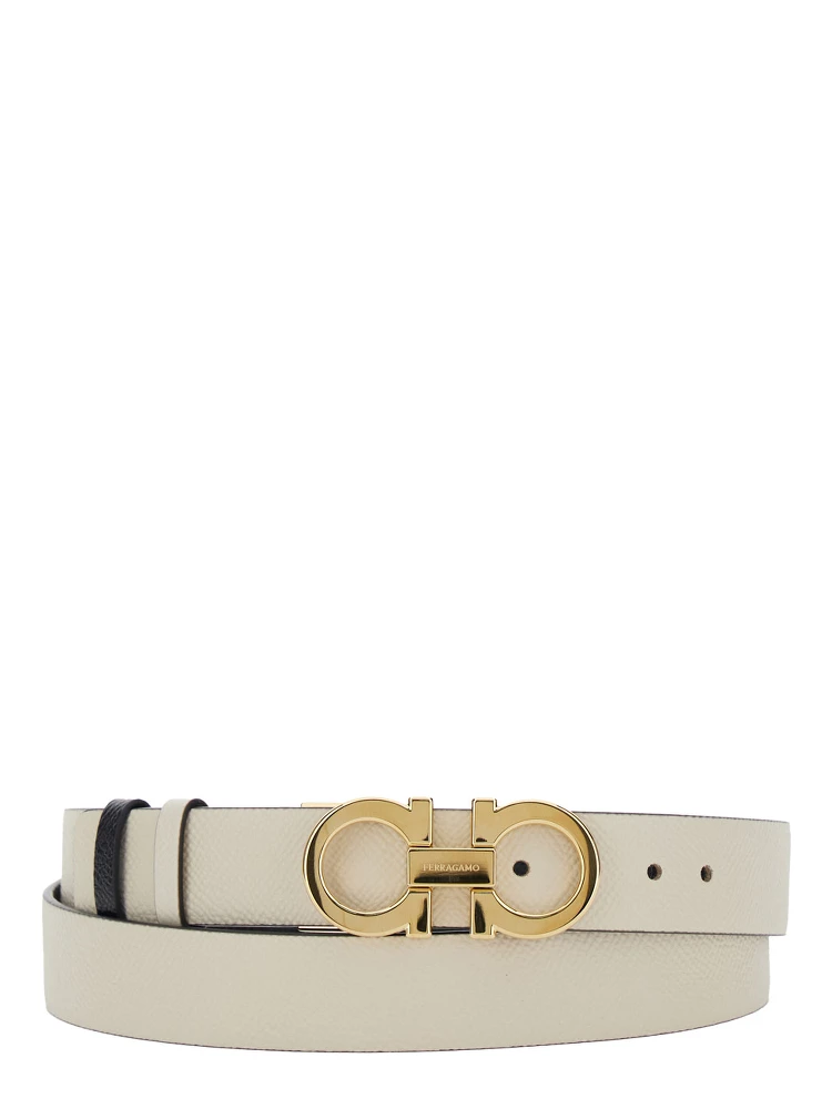 White Belt with Gancini Buckle with Logo Lettering in Leather Woman