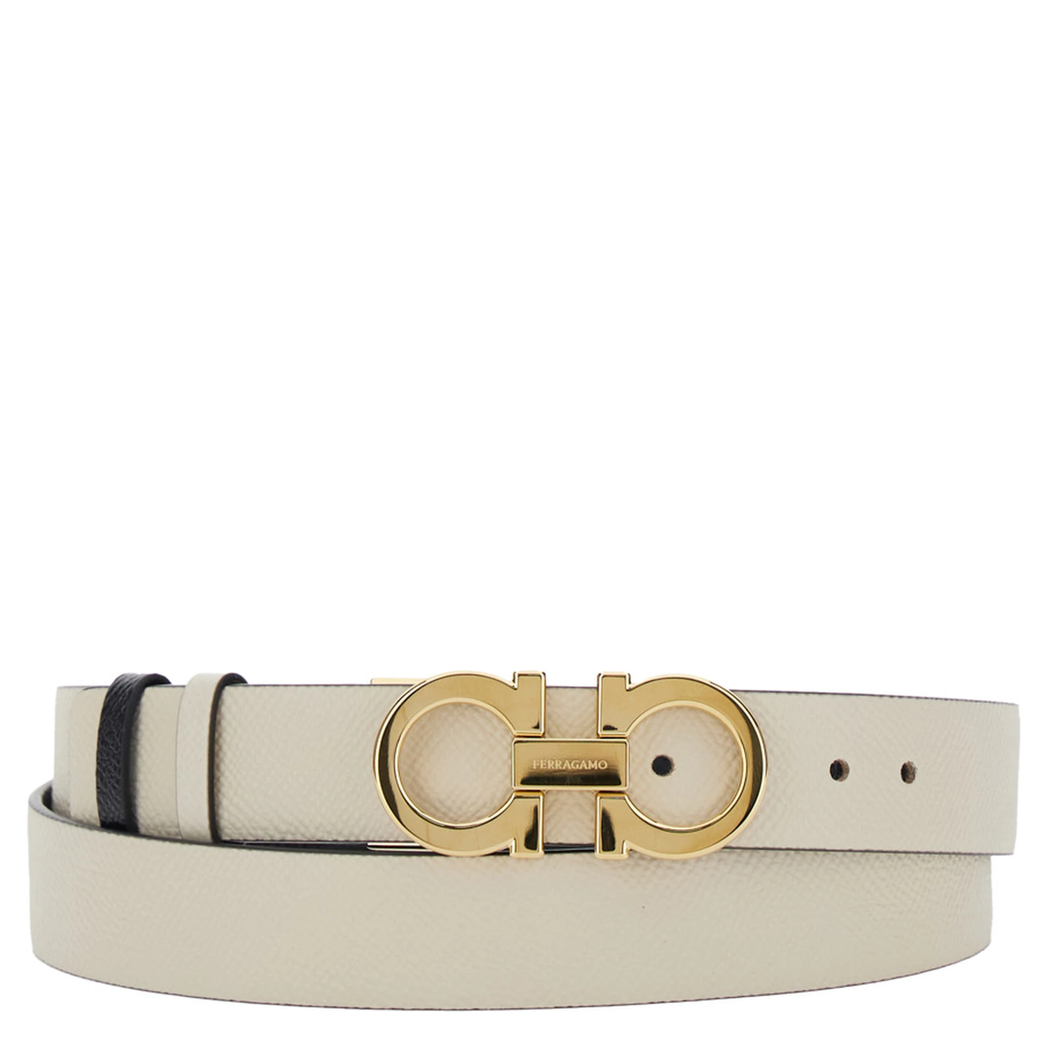 White Belt with Gancini Buckle with Logo Lettering in Leather Woman