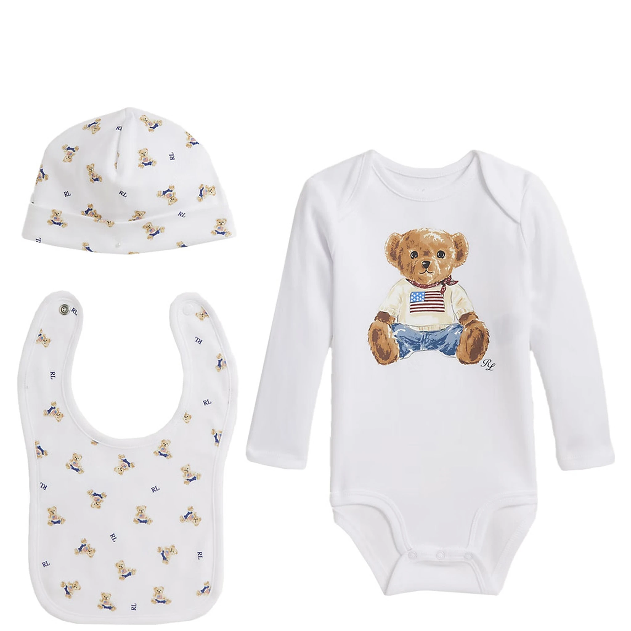 White Set of Three with Onesie and Matching Bib and Beanie with All-Over Bear Print in Cotton Baby