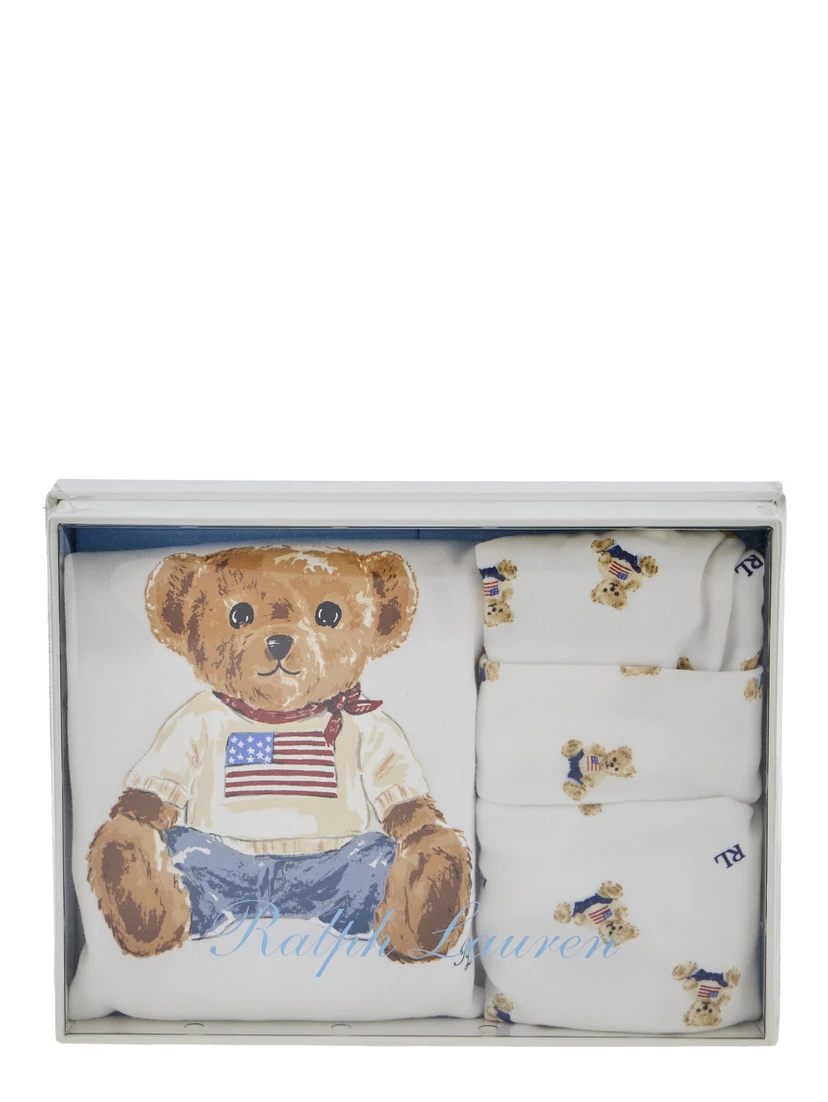 White Set of Three with Onesie and Matching Bib and Beanie with All-Over Bear Print in Cotton Baby