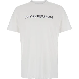 White and Black Crewneck T-Shirt with Writing in Cotton