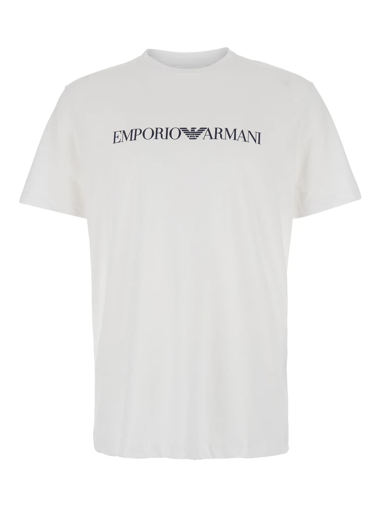 White and Black Crewneck T-Shirt with Writing in Cotton