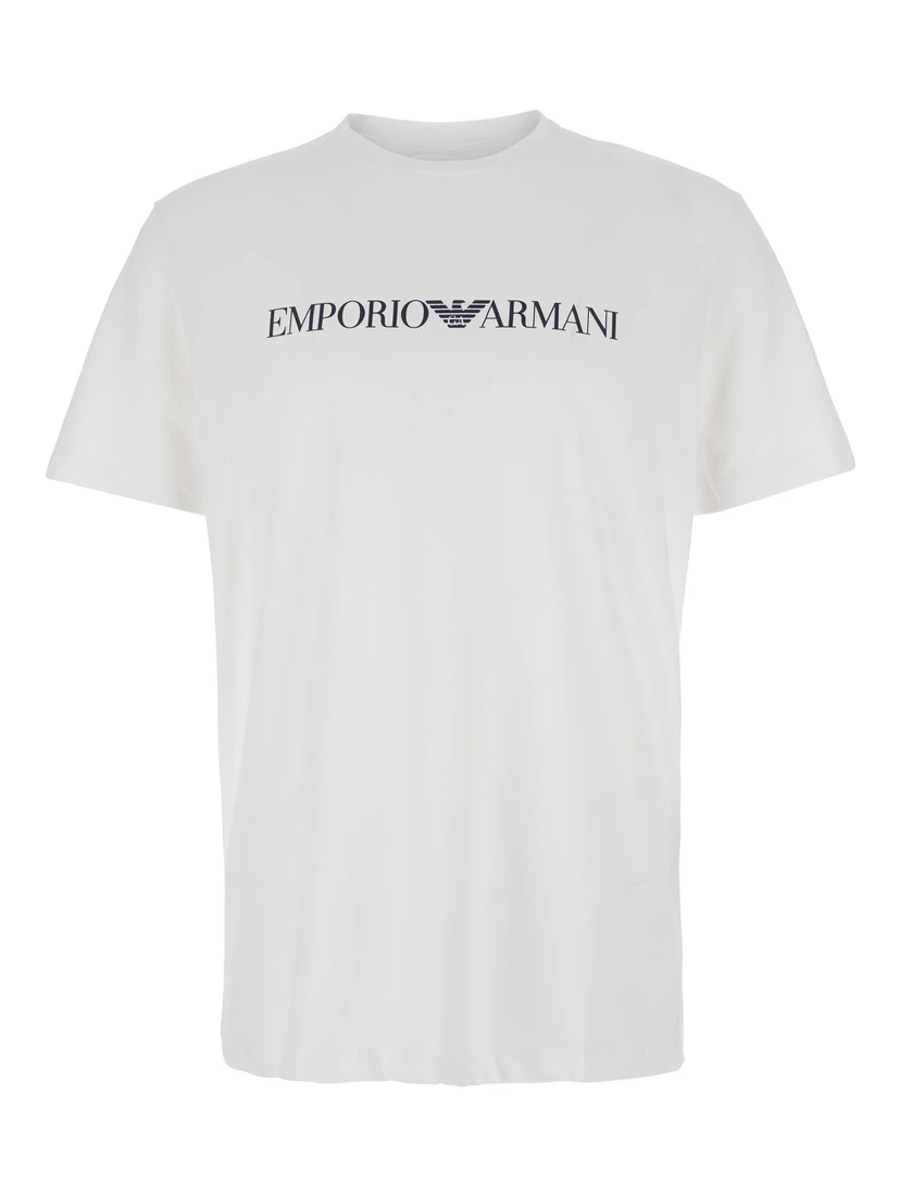 White and Black Crewneck T-Shirt with Writing in Cotton