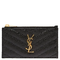 Cassandre Black Embossed Card Holder with Zip and Logo in Leather Woman Saint Laurent