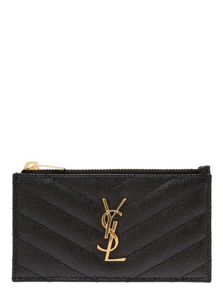 Cassandre Black Embossed Card Holder with Zip and Logo in Leather Woman Saint Laurent