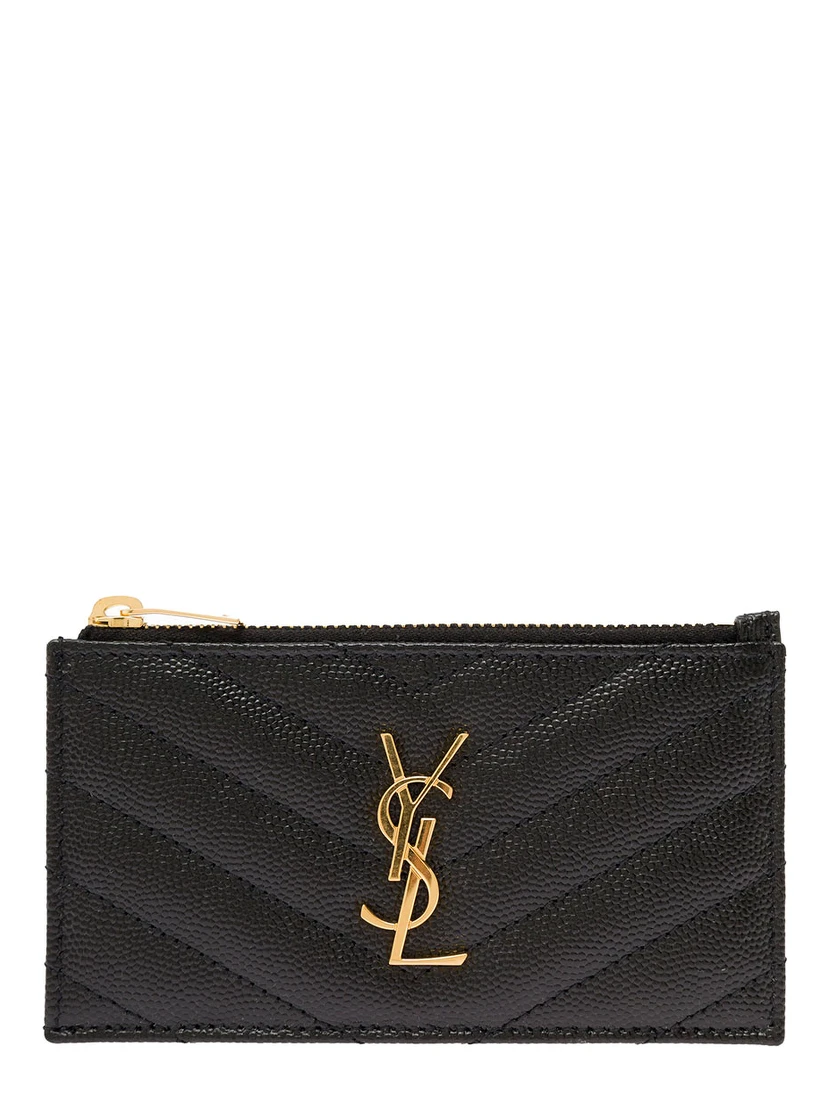 Cassandre Black Embossed Card Holder with Zip and Logo in Leather Woman Saint Laurent