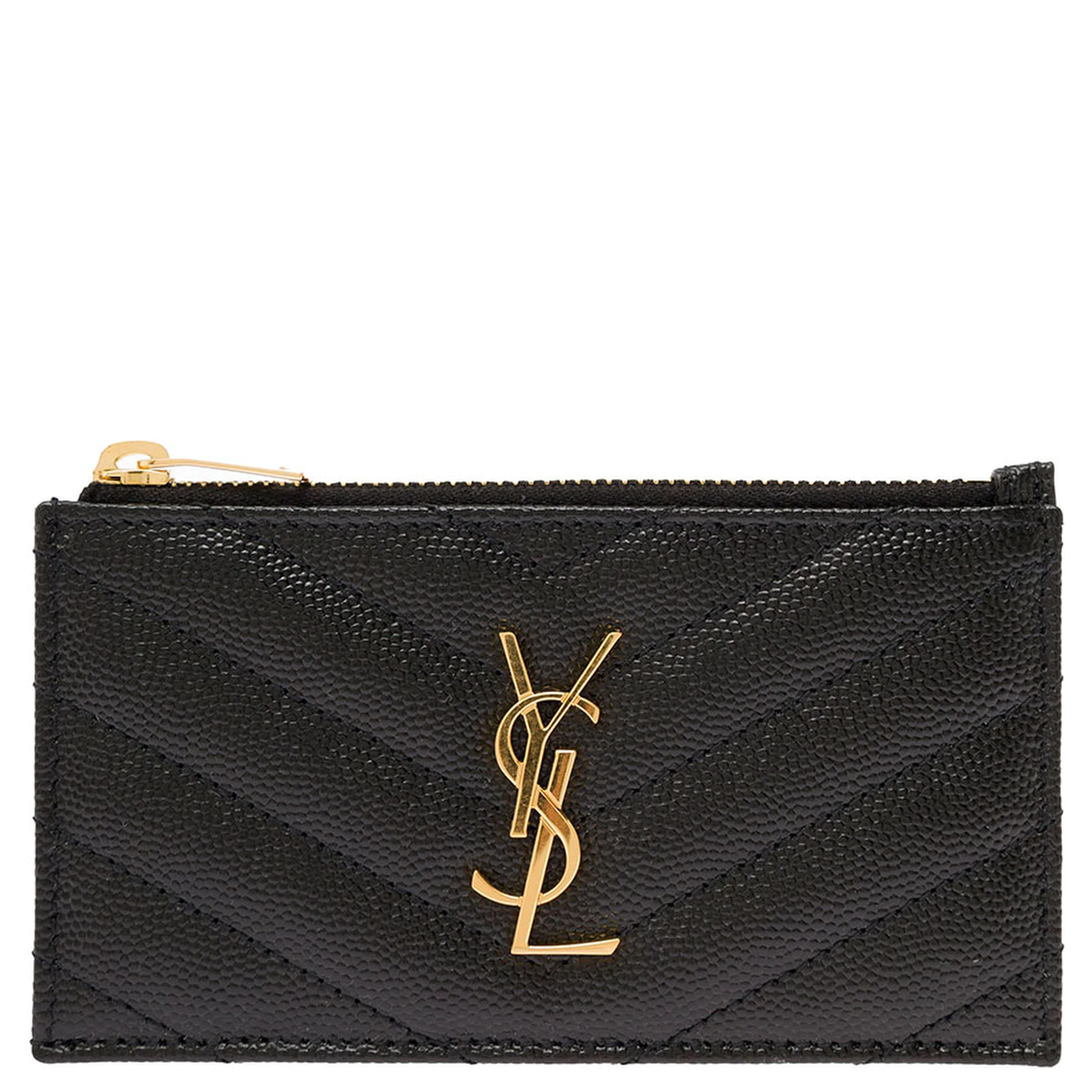 Cassandre Black Embossed Card Holder with Zip and Logo in Leather Woman Saint Laurent