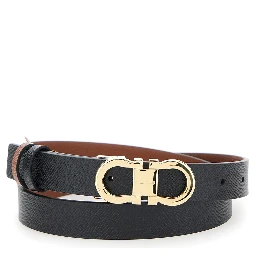 Black Reversible Belt with Gancini Buckle in Leather Woman