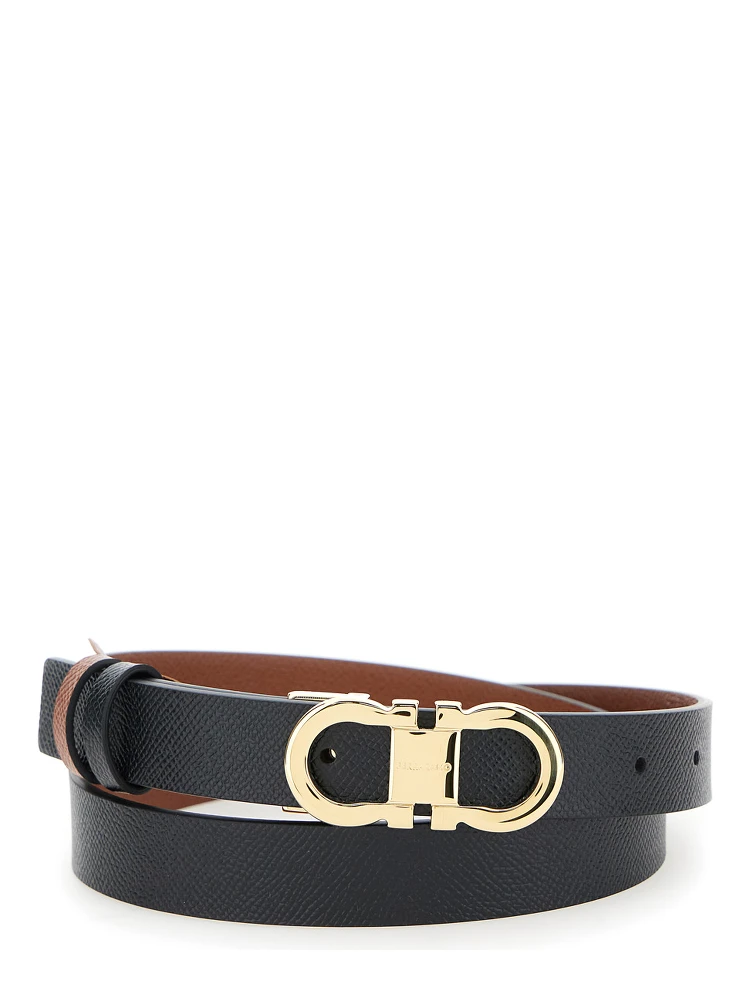 Black Reversible Belt with Gancini Buckle in Leather Woman