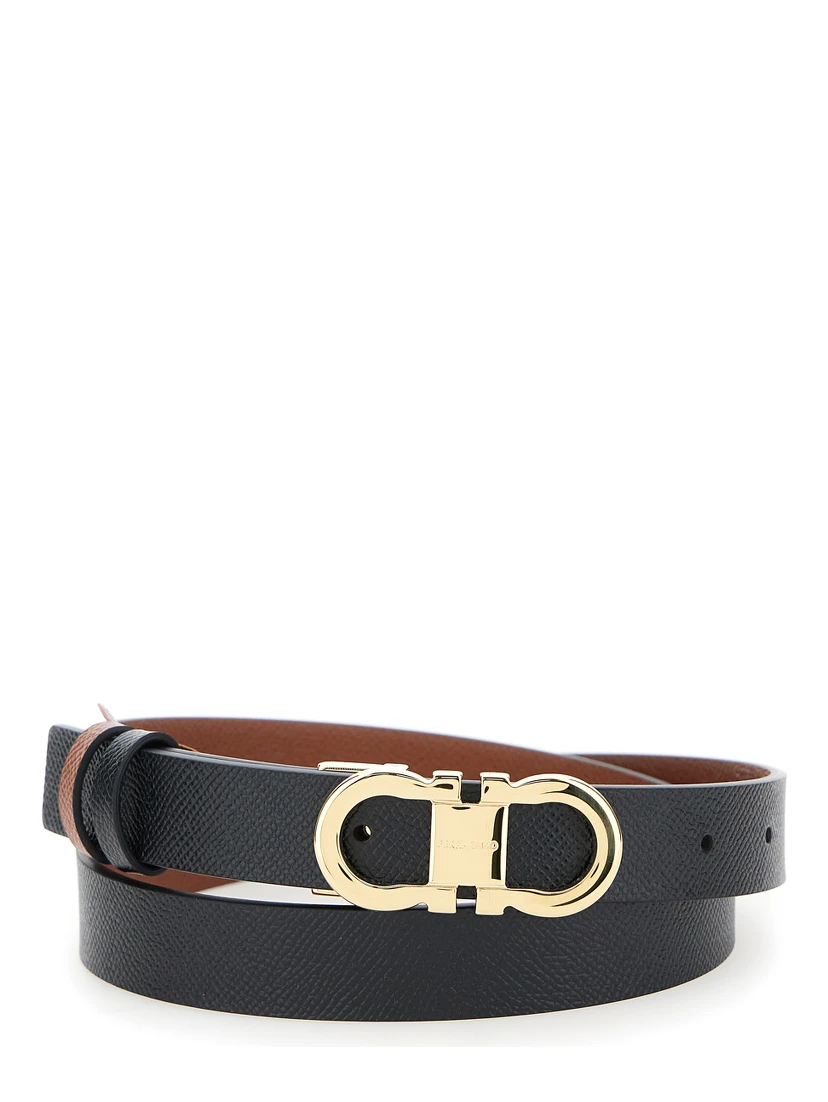 Black Reversible Belt with Gancini Buckle in Leather Woman