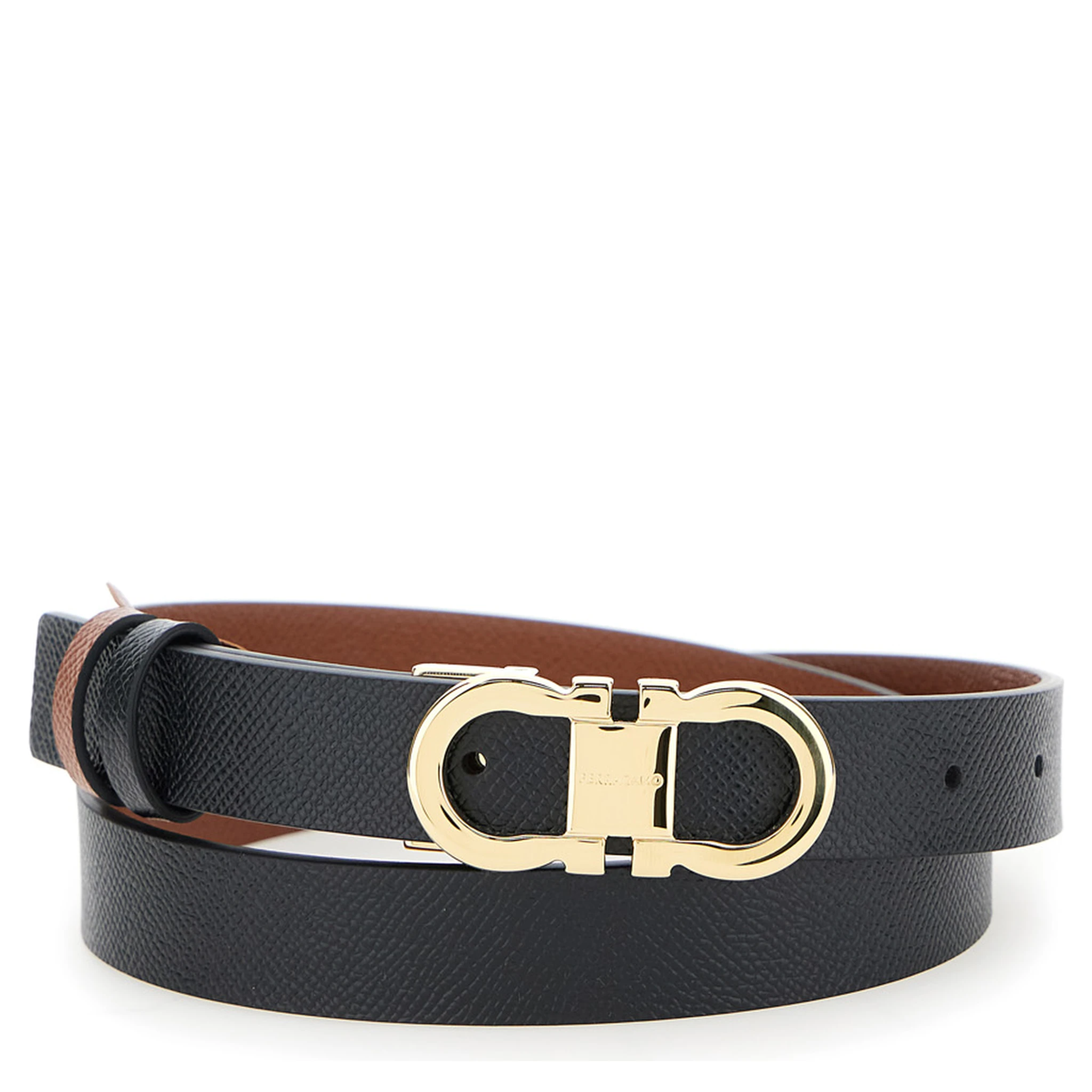 Black Reversible Belt with Gancini Buckle in Leather Woman