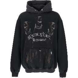 Black Hoodie with Fixed Hood and Maxi Print on the Front in Cotton Man