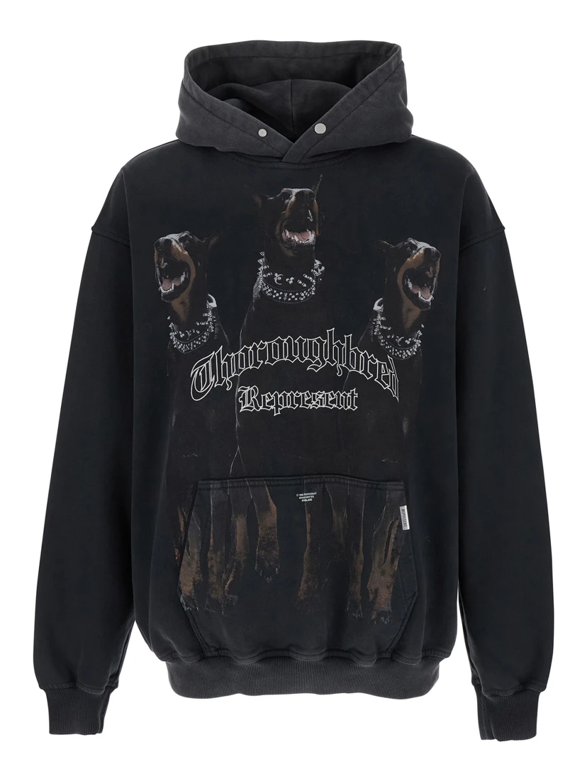 Black Hoodie with Fixed Hood and Maxi Print on the Front in Cotton Man