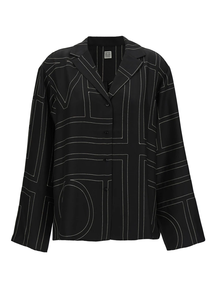 Black Shirt with All-Over Monogram Print in Silk Woman