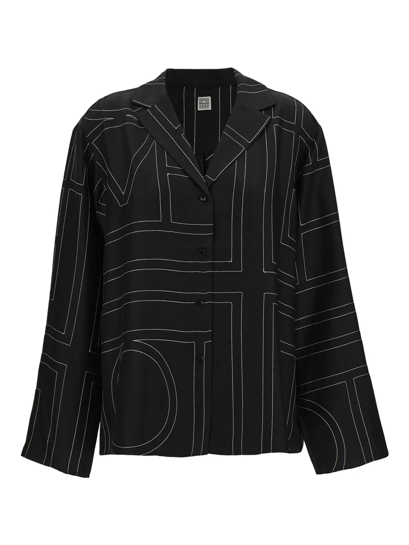 Black Shirt with All-Over Monogram Print in Silk Woman