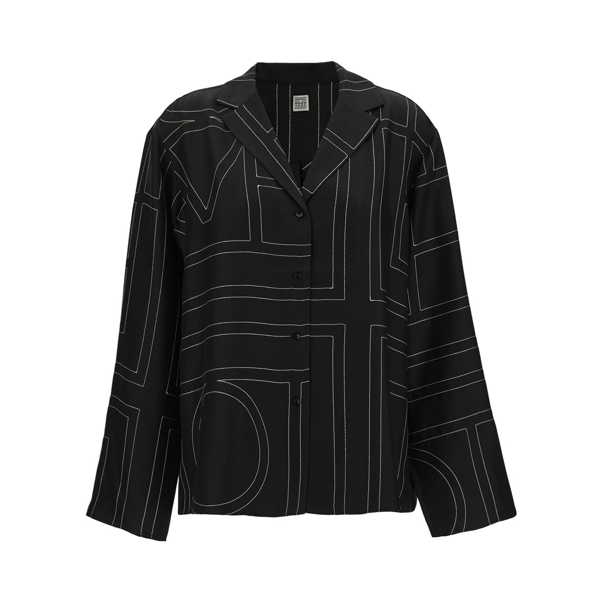 Black Shirt with All-Over Monogram Print in Silk Woman