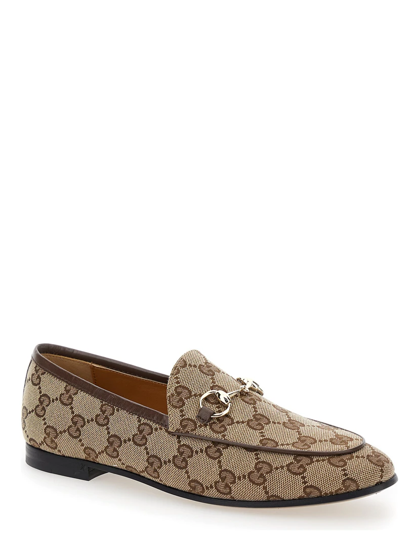 Gucci Jordan Beige and Ebony Loafers with Horsebit Detail in Original GG Fabric Woman