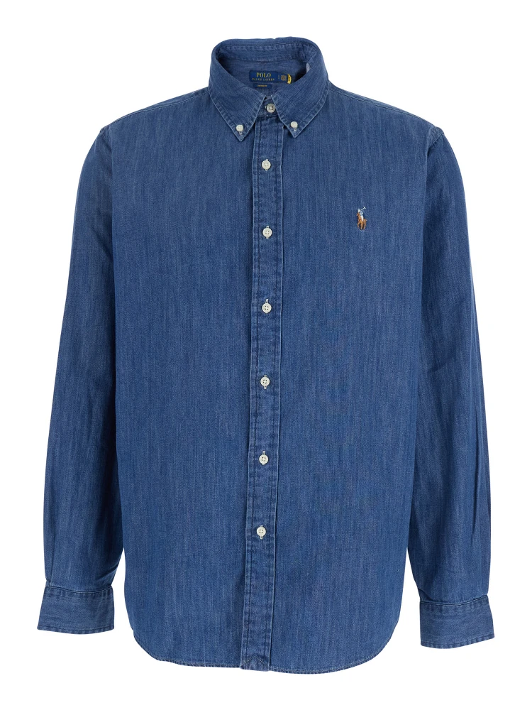 Custom Fit Blue Shirt with Pony Embroidery on the Front in Denim Man