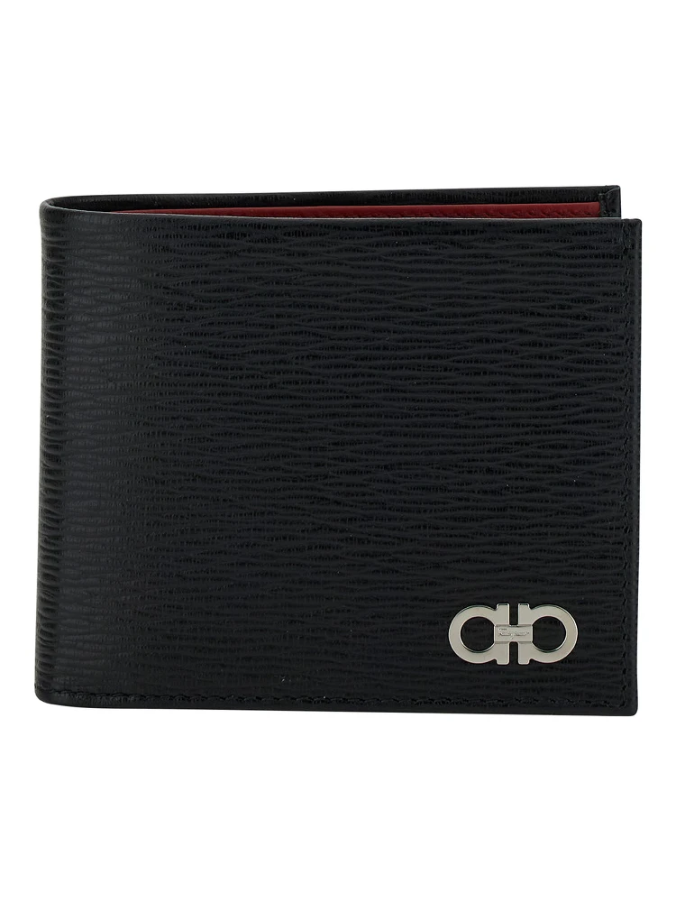 Revival Gancini Black Wallet in Textured Leather Man Ferragamo