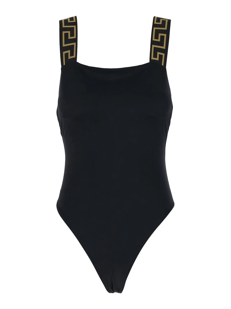 Black One-Piece Swimsuit with Greca Detail in Stretch Polyamide Woman