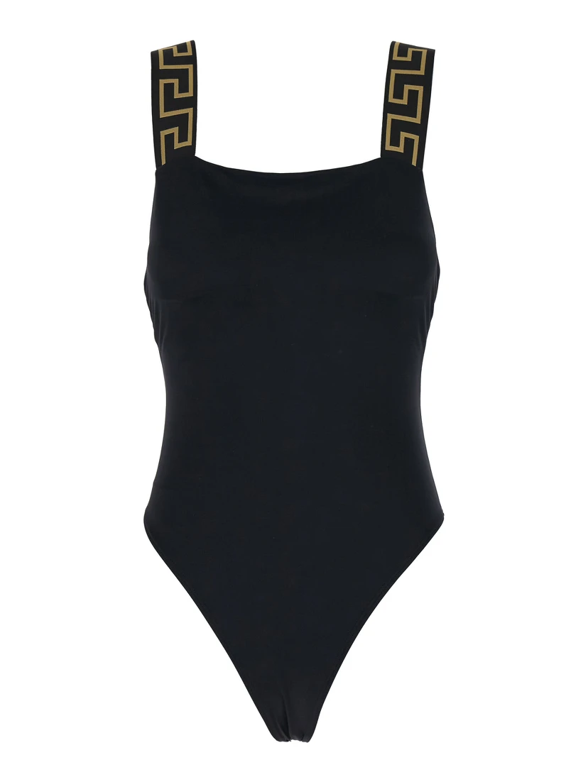 Black One-Piece Swimsuit with Greca Detail in Stretch Polyamide Woman