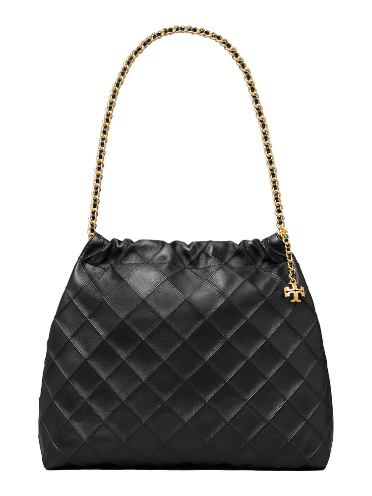 Fleming Black Diamond Quilted Shoulder Bag with Chain-Link Handles in Leather Woman