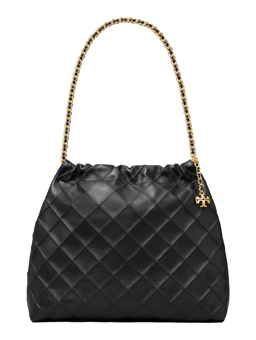 Fleming Black Diamond Quilted Shoulder Bag with Chain-Link Handles in Leather Woman