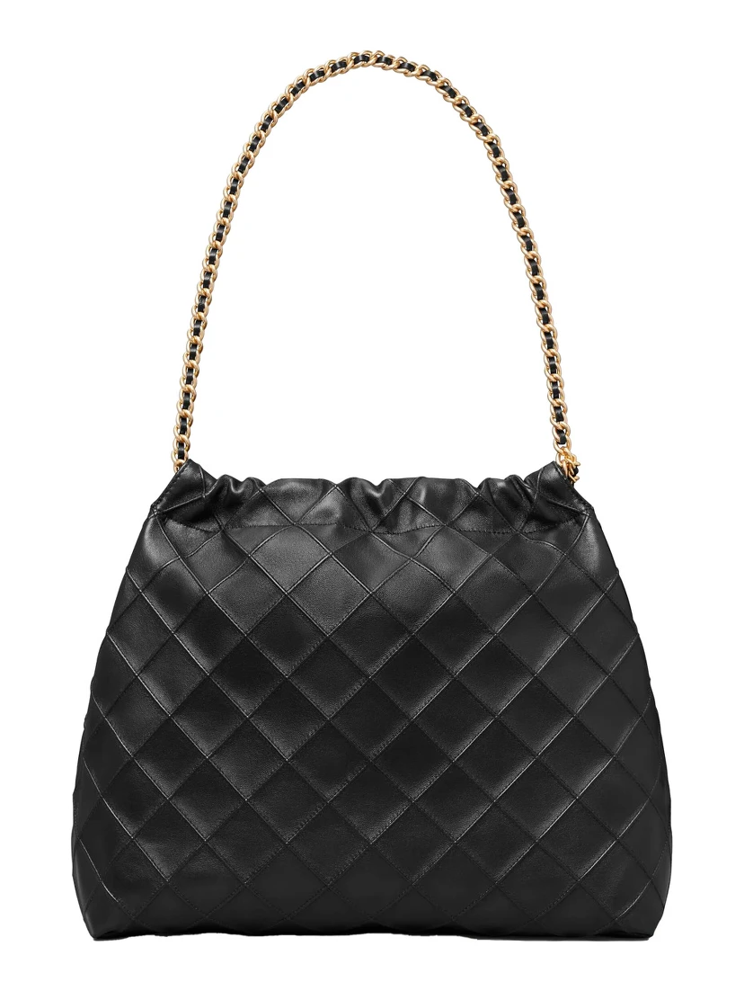 Fleming Black Diamond Quilted Shoulder Bag with Chain-Link Handles in Leather Woman