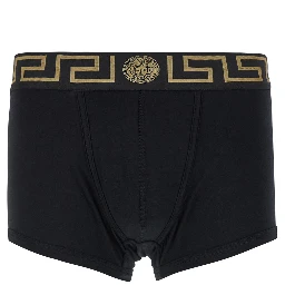 Black Boxer Briefs with Greca and Medusa Detail in Stretch Cotton Man