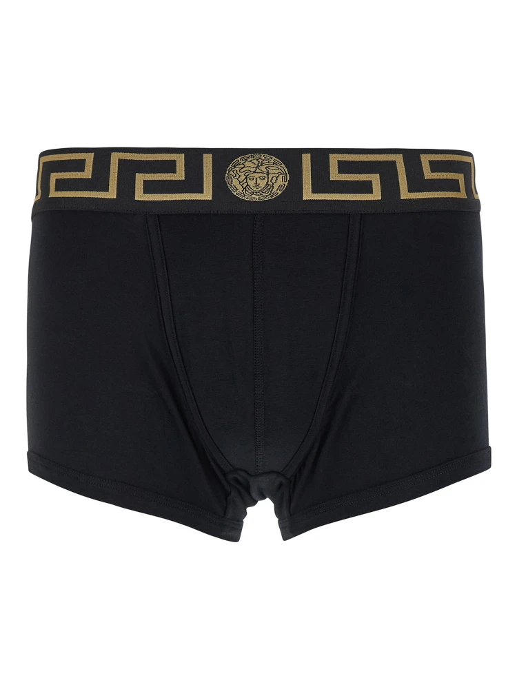 Black Boxer Briefs with Greca and Medusa Detail in Stretch Cotton Man