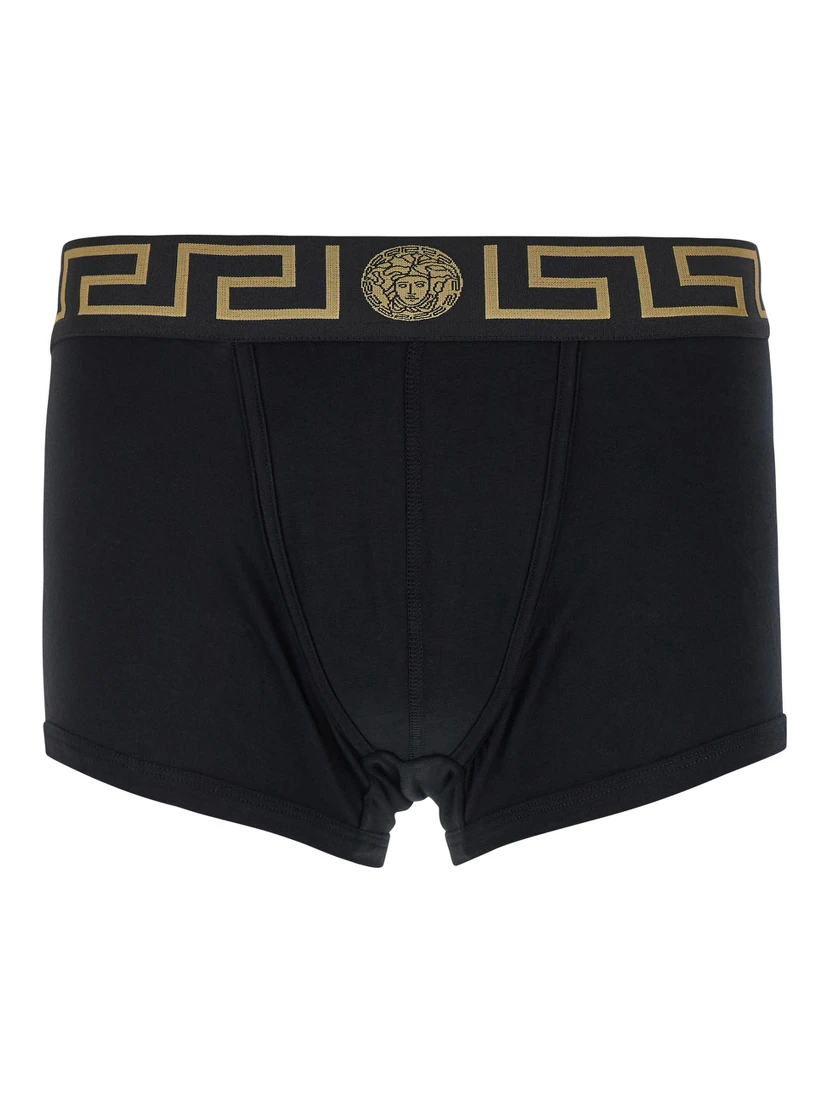 Black Boxer Briefs with Greca and Medusa Detail in Stretch Cotton Man