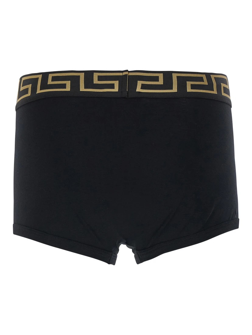 Black Boxer Briefs with Greca and Medusa Detail in Stretch Cotton Man