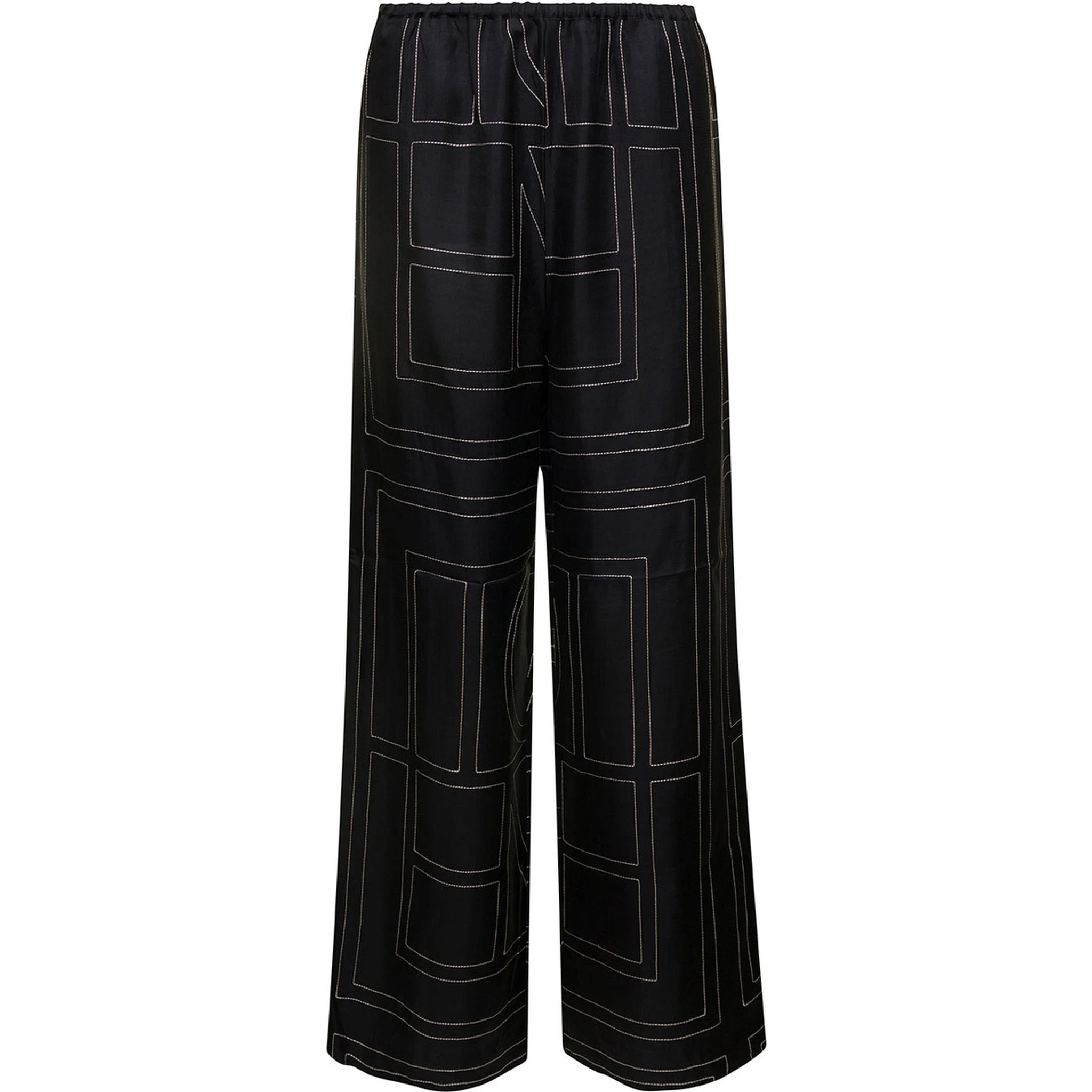 Black Loose Pants with Monogram Print in Silk Woman
