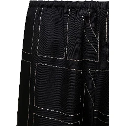 Black Loose Pants with Monogram Print in Silk Woman