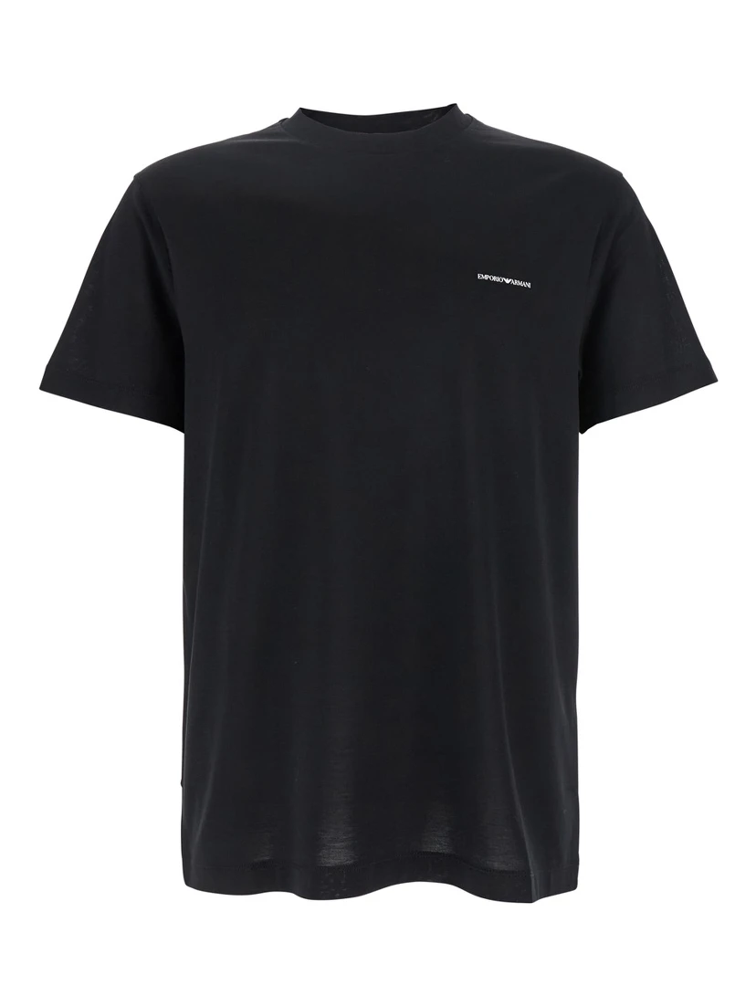 Black T-Shirt with Logo Lettering on the Front in Cotton and Lyocell Blend Man