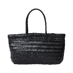 حقيبة كتف صغيرة سوداء مسطحة من الجلد بتصميم متشابك ومقبضين علويين للنساء