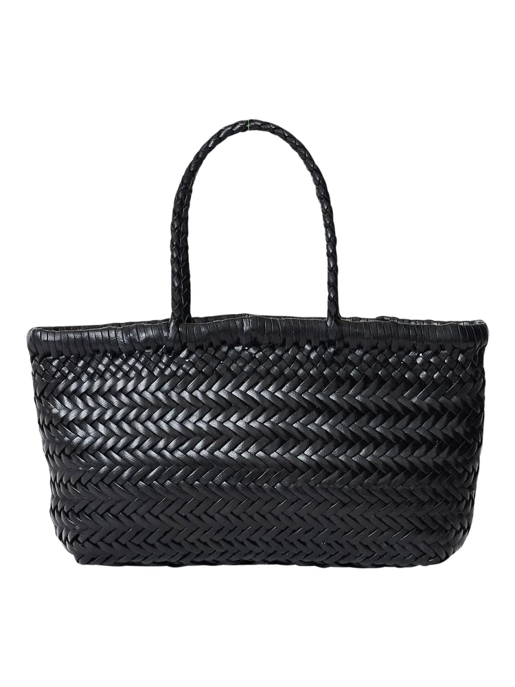 Flat Gora Black Mini Shoulder Bag with Two Top Handles and Interwoven Design in Leather Woman