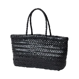 حقيبة كتف صغيرة سوداء مسطحة من الجلد بتصميم متشابك ومقبضين علويين للنساء