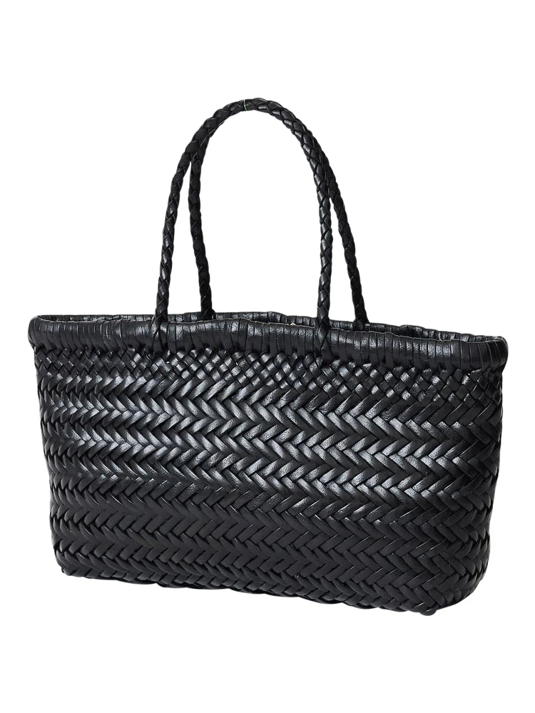 Flat Gora Black Mini Shoulder Bag with Two Top Handles and Interwoven Design in Leather Woman alternative