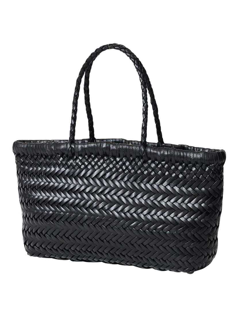 Flat Gora Black Mini Shoulder Bag with Two Top Handles and Interwoven Design in Leather Woman