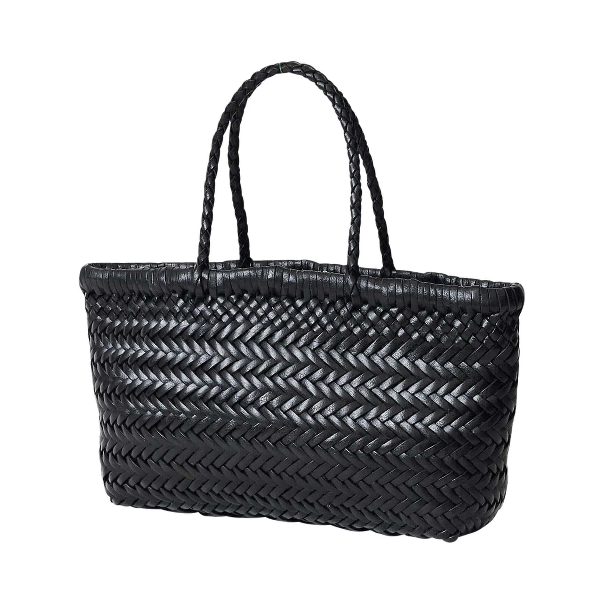 حقيبة كتف صغيرة سوداء مسطحة من الجلد بتصميم متشابك ومقبضين علويين للنساء