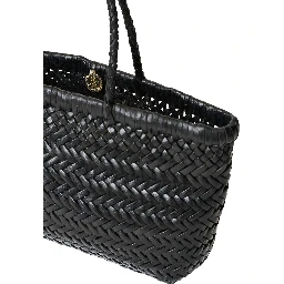 حقيبة كتف صغيرة سوداء مسطحة من الجلد بتصميم متشابك ومقبضين علويين للنساء