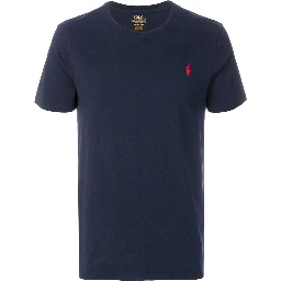 "Custom Slim Fit" Blue Crewneck T-Shirt with Pony Embroidery on the Front in Cotton Man