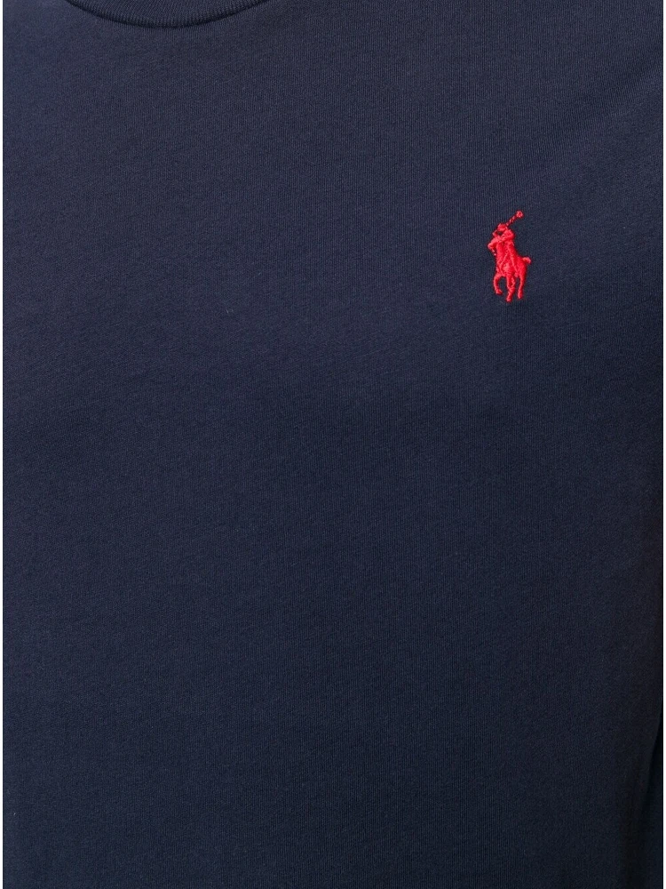 "Custom Slim Fit" Blue Crewneck T-Shirt with Pony Embroidery on the Front in Cotton Man alternative