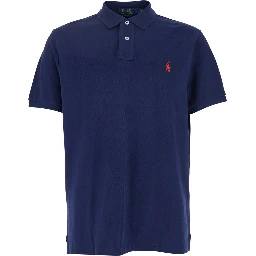 "Custom Slim Fit" Blue Polo Shirt with Pony Detail on the Front in Cotton Man