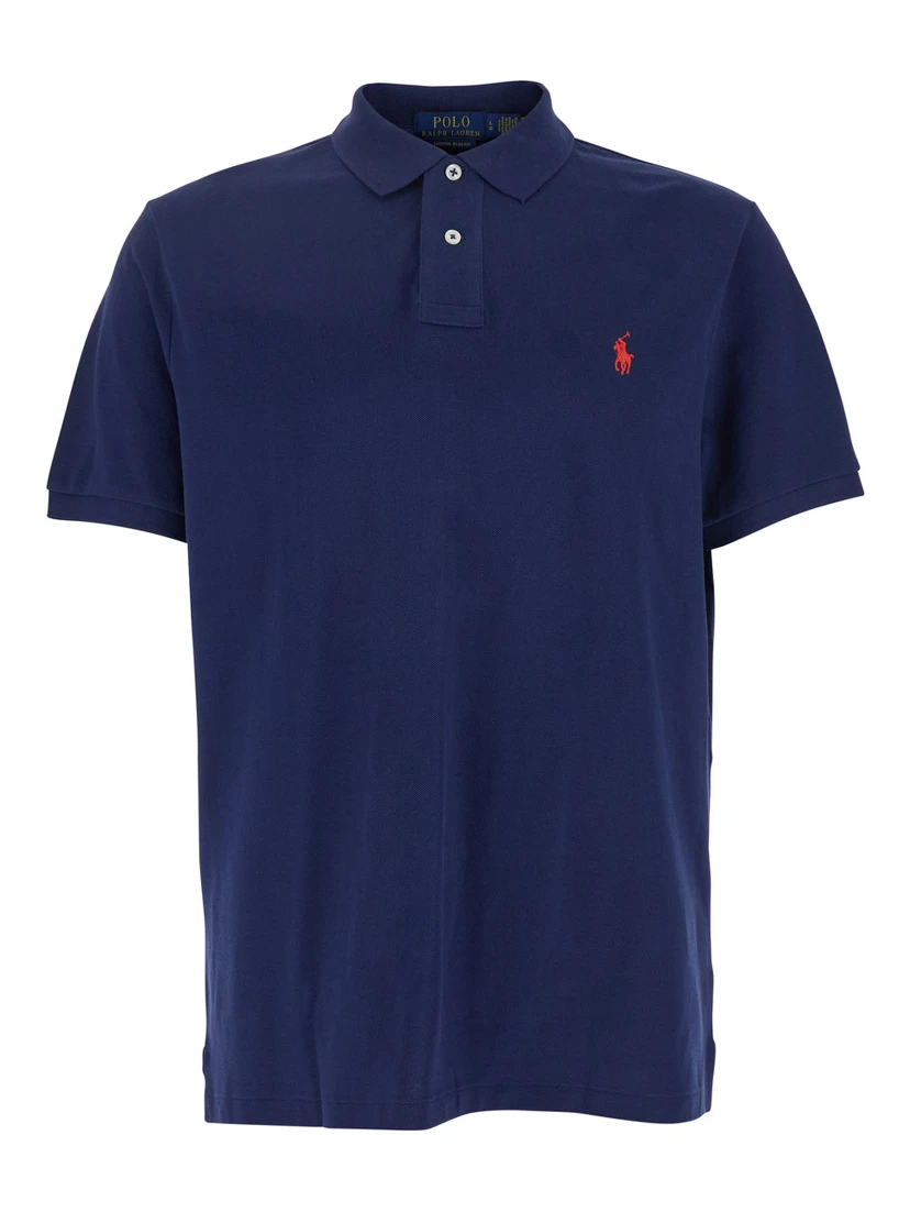 "Custom Slim Fit" Blue Polo Shirt with Pony Detail on the Front in Cotton Man