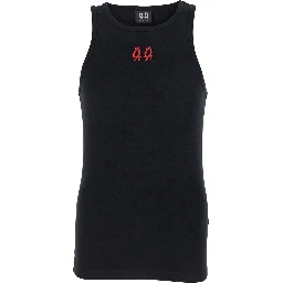 Black Crewneck Sleeveless Top with Embroidery on the Front in Cotton Man