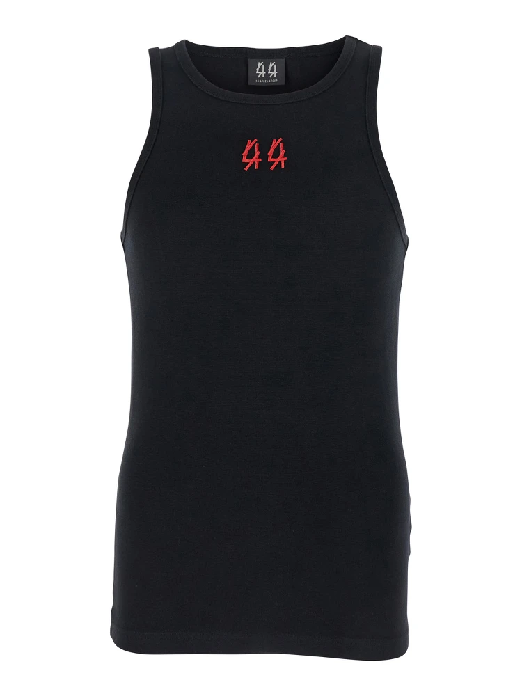 Black Crewneck Sleeveless Top with Embroidery on the Front in Cotton Man alternative