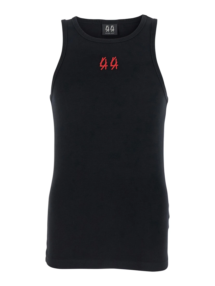 Black Crewneck Sleeveless Top with Embroidery on the Front in Cotton Man